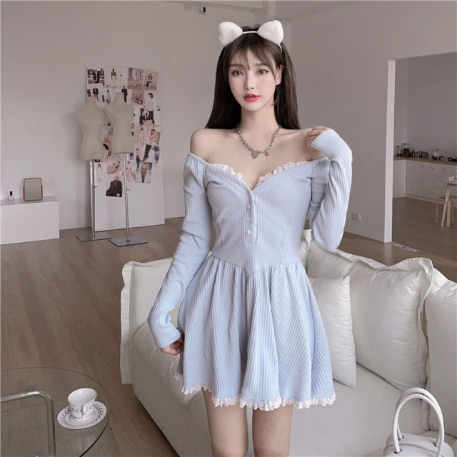 Blue Lolita Kawaii Knitted Dress Women Japanese Lace Patchwork Sweet Sweater Dress Female Sexy Korean Cute Party Mini Dress 2021