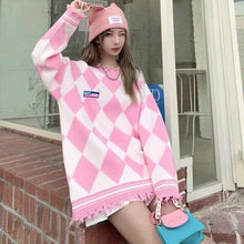 Load image into Gallery viewer, Blue Pink Kawaii Autumn Winter Sweater Women Plaid Ripped Knitted Jumpers Loose Long Sleeve Casual Pullovers Oversized Boyfriend
