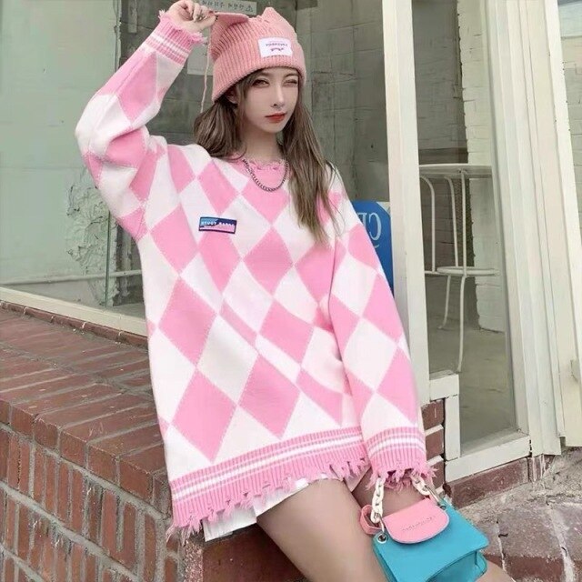 Blue Pink Kawaii Autumn Winter Sweater Women Plaid Ripped Knitted Jumpers Loose Long Sleeve Casual Pullovers Oversized Boyfriend