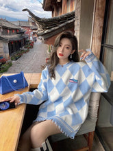 Load image into Gallery viewer, Blue Pink Kawaii Autumn Winter Sweater Women Plaid Ripped Knitted Jumpers Loose Long Sleeve Casual Pullovers Oversized Boyfriend