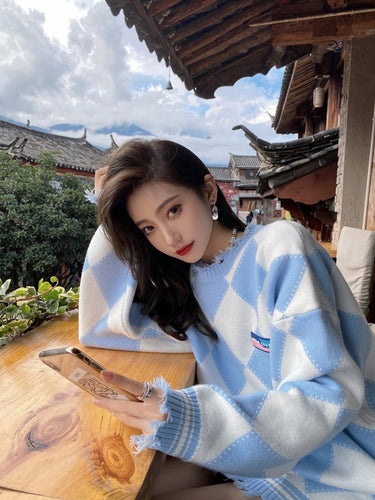 Blue Pink Kawaii Autumn Winter Sweater Women Plaid Ripped Knitted Jumpers Loose Long Sleeve Casual Pullovers Oversized Boyfriend