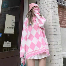 Load image into Gallery viewer, Blue Pink Kawaii Autumn Winter Sweater Women Plaid Ripped Knitted Jumpers Loose Long Sleeve Casual Pullovers Oversized Boyfriend