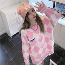 Load image into Gallery viewer, Blue Pink Kawaii Autumn Winter Sweater Women Plaid Ripped Knitted Jumpers Loose Long Sleeve Casual Pullovers Oversized Boyfriend