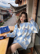 Load image into Gallery viewer, Blue Pink Kawaii Autumn Winter Sweater Women Plaid Ripped Knitted Jumpers Loose Long Sleeve Casual Pullovers Oversized Boyfriend