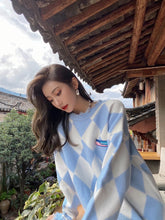 Load image into Gallery viewer, Blue Pink Kawaii Autumn Winter Sweater Women Plaid Ripped Knitted Jumpers Loose Long Sleeve Casual Pullovers Oversized Boyfriend