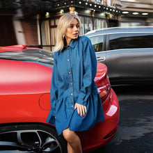 Load image into Gallery viewer, Blue Ruffle Shirt Dress For Women Casual Lantern Sleeve Turn Down Collar Loose Mini Dress Vintage Autumn Fashion Street Dresses