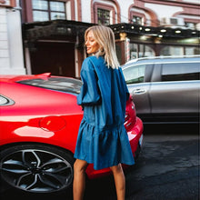 Load image into Gallery viewer, Blue Ruffle Shirt Dress For Women Casual Lantern Sleeve Turn Down Collar Loose Mini Dress Vintage Autumn Fashion Street Dresses