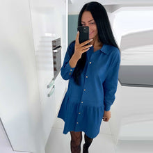 Load image into Gallery viewer, Blue Ruffle Shirt Dress For Women Casual Lantern Sleeve Turn Down Collar Loose Mini Dress Vintage Autumn Fashion Street Dresses