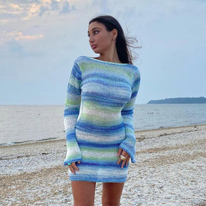 Blue Sexy Knitted Backless Mini Dress Bodycon Y2K Long Sleeve Summer Beach Dress for Women 2022 New Club Party Dresses