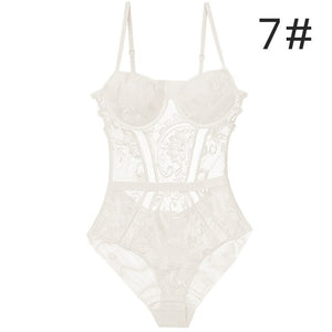 Body Women&#39;s Sexy Lingerie Bodysuit Push Up Padded Cup Strappy Back Underwire Floral Emboridery Underwear One-piece Lingerie