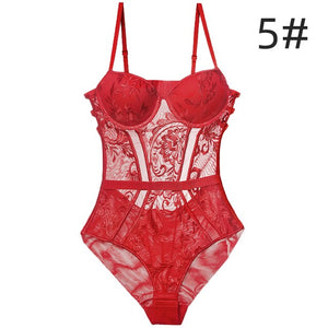 Body Women&#39;s Sexy Lingerie Bodysuit Push Up Padded Cup Strappy Back Underwire Floral Emboridery Underwear One-piece Lingerie