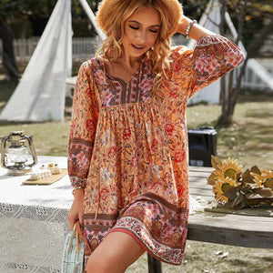 Bohemia Floral Print Loose Summer Dresses For Women Casual V-neck Lantern Sleeve Mini Dress Female Holiday Party Vintage Dresses