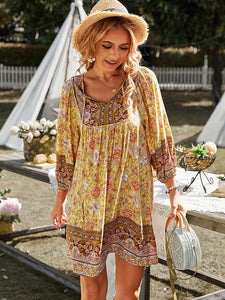 Bohemia Floral Print Loose Summer Dresses For Women Casual V-neck Lantern Sleeve Mini Dress Female Holiday Party Vintage Dresses