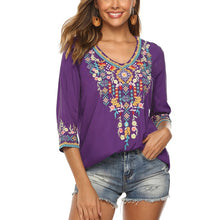 Load image into Gallery viewer, Bohemian 3/4 Sleeve Floral Embroidered Boho Blouse for Women Loose V-Neck Tops Women&#39;s Casual Shirt Mexican Peasant Shirts