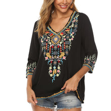 Load image into Gallery viewer, Bohemian 3/4 Sleeve Floral Embroidered Boho Blouse for Women Loose V-Neck Tops Women&#39;s Casual Shirt Mexican Peasant Shirts