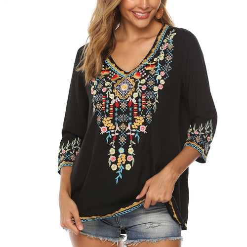 Bohemian 3/4 Sleeve Floral Embroidered Boho Blouse for Women Loose V-Neck Tops Women's Casual Shirt Mexican Peasant Shirts