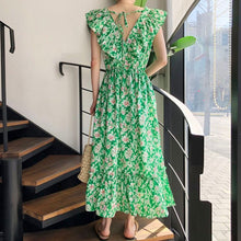 Load image into Gallery viewer, Boho Beach Floral Dress V-neck Sweet Ruffle Stitching Contrast Color Vestidos Back Lace Hollow Flying Sleeve Robe Femme Elegant