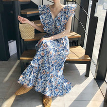 Load image into Gallery viewer, Boho Beach Floral Dress V-neck Sweet Ruffle Stitching Contrast Color Vestidos Back Lace Hollow Flying Sleeve Robe Femme Elegant