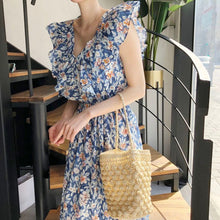 Load image into Gallery viewer, Boho Beach Floral Dress V-neck Sweet Ruffle Stitching Contrast Color Vestidos Back Lace Hollow Flying Sleeve Robe Femme Elegant