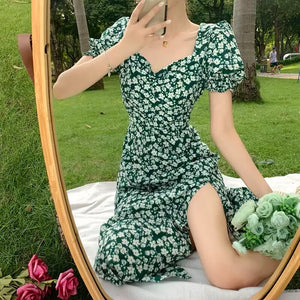 Boho Beach Summer Floral Split Dress Women Green Print Elegant Vintage Sexy Party Dresses Korean Puff Sleeve Midi Sundress 2021