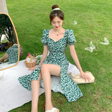 Load image into Gallery viewer, Boho Beach Summer Floral Split Dress Women Green Print Elegant Vintage Sexy Party Dresses Korean Puff Sleeve Midi Sundress 2021