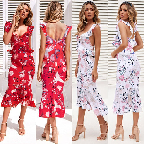 Boho Ruffles Women Bodycon Sundress Floral Sleeveless Deep V Neck Backless Party Holiday Dresses Fashion Elegant Clothes Beach