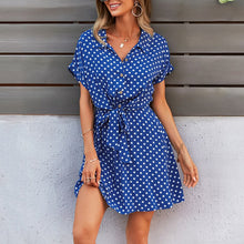 Load image into Gallery viewer, Boho Shirt Dress Women Summer Dot Print Clothing Green Bow-Knot Short Sleeve Outfit Loose Chiffon Casual Mini Dress Office Lady