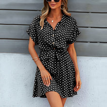 Load image into Gallery viewer, Boho Shirt Dress Women Summer Dot Print Clothing Green Bow-Knot Short Sleeve Outfit Loose Chiffon Casual Mini Dress Office Lady