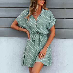 Boho Shirt Dress Women Summer Dot Print Clothing Green Bow-Knot Short Sleeve Outfit Loose Chiffon Casual Mini Dress Office Lady