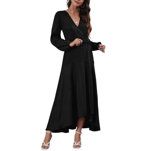 Boho Women Solid Maxi Dress 2021 Autumn Fashion V Neck Party Dress Long Sleeve High Waist Irregular Hem Casual Dress With Sashes
