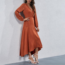 Load image into Gallery viewer, Boho Women Solid Maxi Dress 2021 Autumn Fashion V Neck Party Dress Long Sleeve High Waist Irregular Hem Casual Dress With Sashes