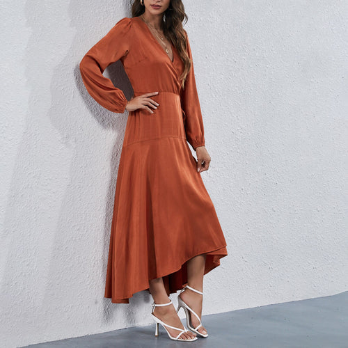 Boho Women Solid Maxi Dress 2021 Autumn Fashion V Neck Party Dress Long Sleeve High Waist Irregular Hem Casual Dress With Sashes