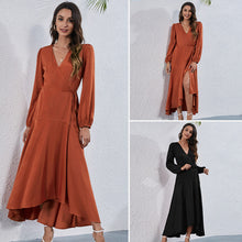 Load image into Gallery viewer, Boho Women Solid Maxi Dress 2021 Autumn Fashion V Neck Party Dress Long Sleeve High Waist Irregular Hem Casual Dress With Sashes