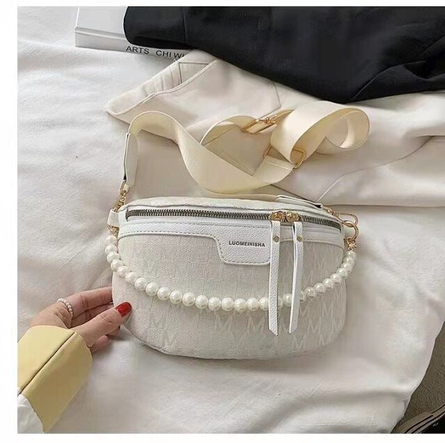 Bolsa de cintura de design de corrente pérola carta bolsa de lona fanny pacote de cintura para as mulheres 2021 ombro crossbody