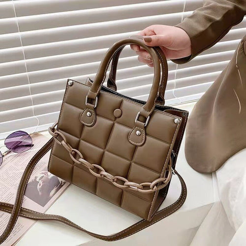 Bolsa quadrada feminina de couro pu de qualidade, xadrez, bolsa de mão, transversal, estilosa, de ombro, carteiro, nova