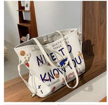 Load image into Gallery viewer, Bolsa tote feminina com estampa de desenho, bolsa de mão de couro pu de alta capacidade, bolsa de ombro para compras