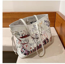 Load image into Gallery viewer, Bolsa tote feminina com estampa de desenho, bolsa de mão de couro pu de alta capacidade, bolsa de ombro para compras