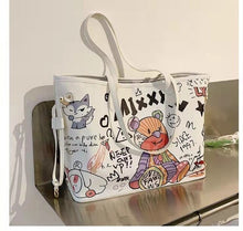 Load image into Gallery viewer, Bolsa tote feminina com estampa de desenho, bolsa de mão de couro pu de alta capacidade, bolsa de ombro para compras