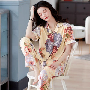 Brand Cotton Women Pajamas Sets Leaf Print Large Size Lady Sleepwear Women's Pijamas Suit Home Clothes Pyjama Femme M-3XL