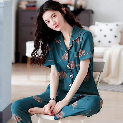 Brand Cotton Women Pajamas Sets Leaf Print Large Size Lady Sleepwear Women's Pijamas Suit Home Clothes Pyjama Femme M-3XL