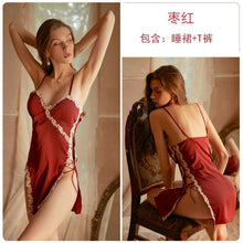 Load image into Gallery viewer, Brand autumn and winter hollow bandage temptation pajamas women deep V chest pad suspenders nightdress home service suit