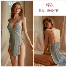 Load image into Gallery viewer, Brand autumn and winter hollow bandage temptation pajamas women deep V chest pad suspenders nightdress home service suit