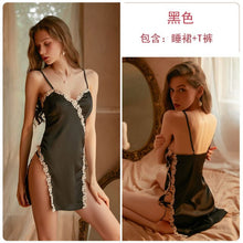 Load image into Gallery viewer, Brand autumn and winter hollow bandage temptation pajamas women deep V chest pad suspenders nightdress home service suit