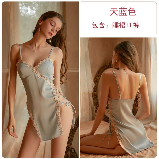 Brand autumn and winter hollow bandage temptation pajamas women deep V chest pad suspenders nightdress home service suit
