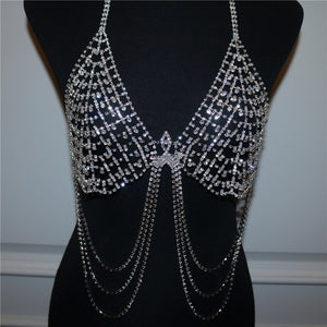 Bright rhinestone body chain jewelry for women sexy adjustable crystal tassel bra chain bikini lingerie nightclub party jewelry