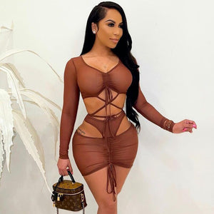 Brown Sexy Hollow Out Crop Tops And Mini Skinny Skirt Suit Women 2 Piece Set Party Birthday Club Outfits Y2K Dress Sets Vacation