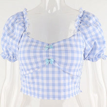 Load image into Gallery viewer, Bule Plaid Squar Collar Ruffles Women Tshirt Short Puff Sleeve Pleated Bow Blackless Girl T-Shirt Crop Tops Summer Sweet Casual