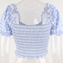 Load image into Gallery viewer, Bule Plaid Squar Collar Ruffles Women Tshirt Short Puff Sleeve Pleated Bow Blackless Girl T-Shirt Crop Tops Summer Sweet Casual