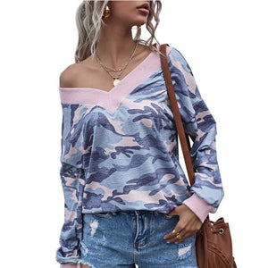 Camouflage T Shirt Tees 2021 Autumn Long Sleeve Women Tie Loose T-shirt New Design Tops Tees Casual Female T-shirts Off Shoulder