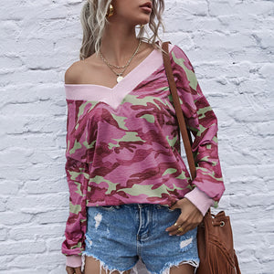 Camouflage T Shirt Tees 2021 Autumn Long Sleeve Women Tie Loose T-shirt New Design Tops Tees Casual Female T-shirts Off Shoulder